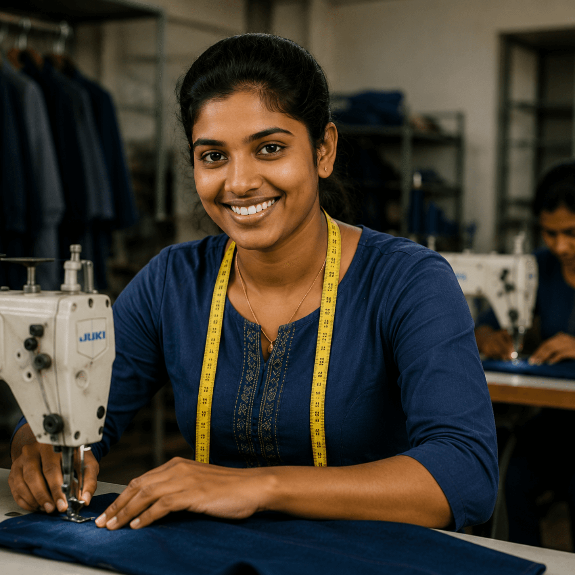 Woman tailor sewing garments at an industrial sewing machine with a measuring tape around her neck