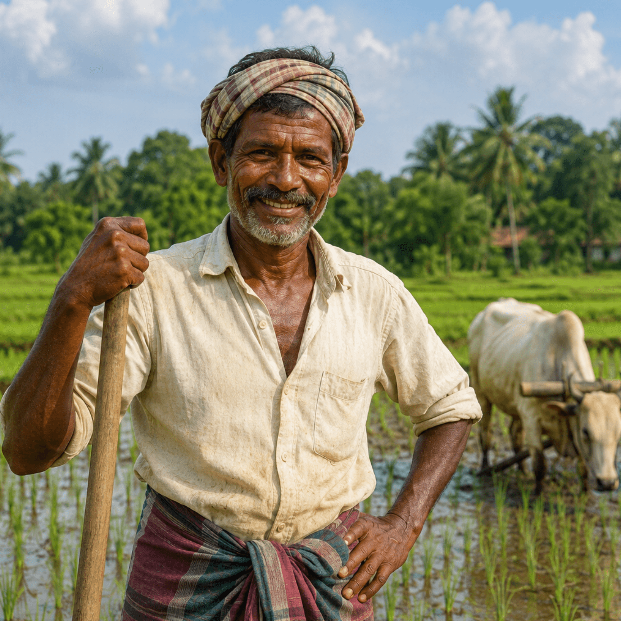 Smiling farmer holding a farming tool standing in a lush green paddy field with cattle