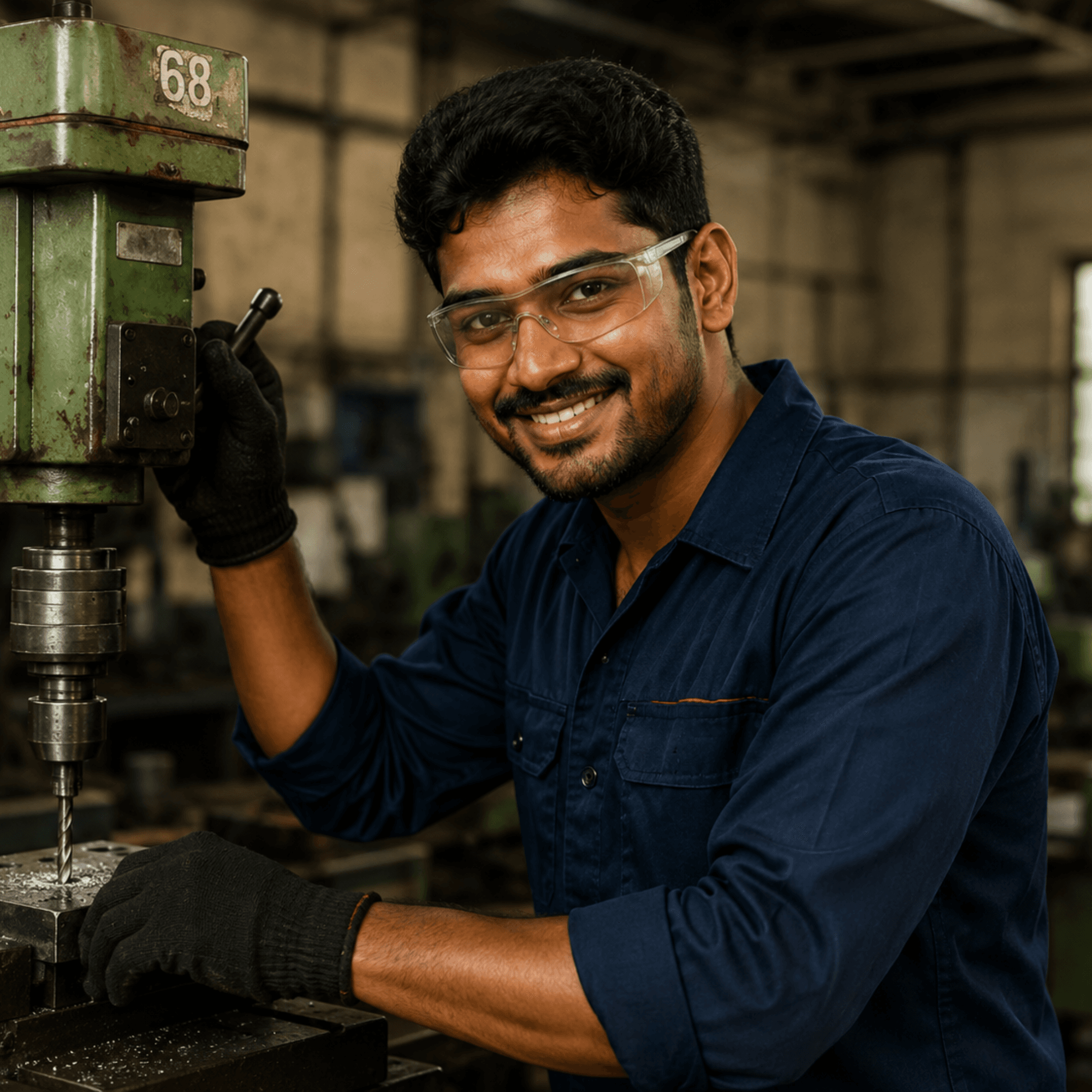 Industrial machinist technician working on a precision drill press with protective safety eyewear
