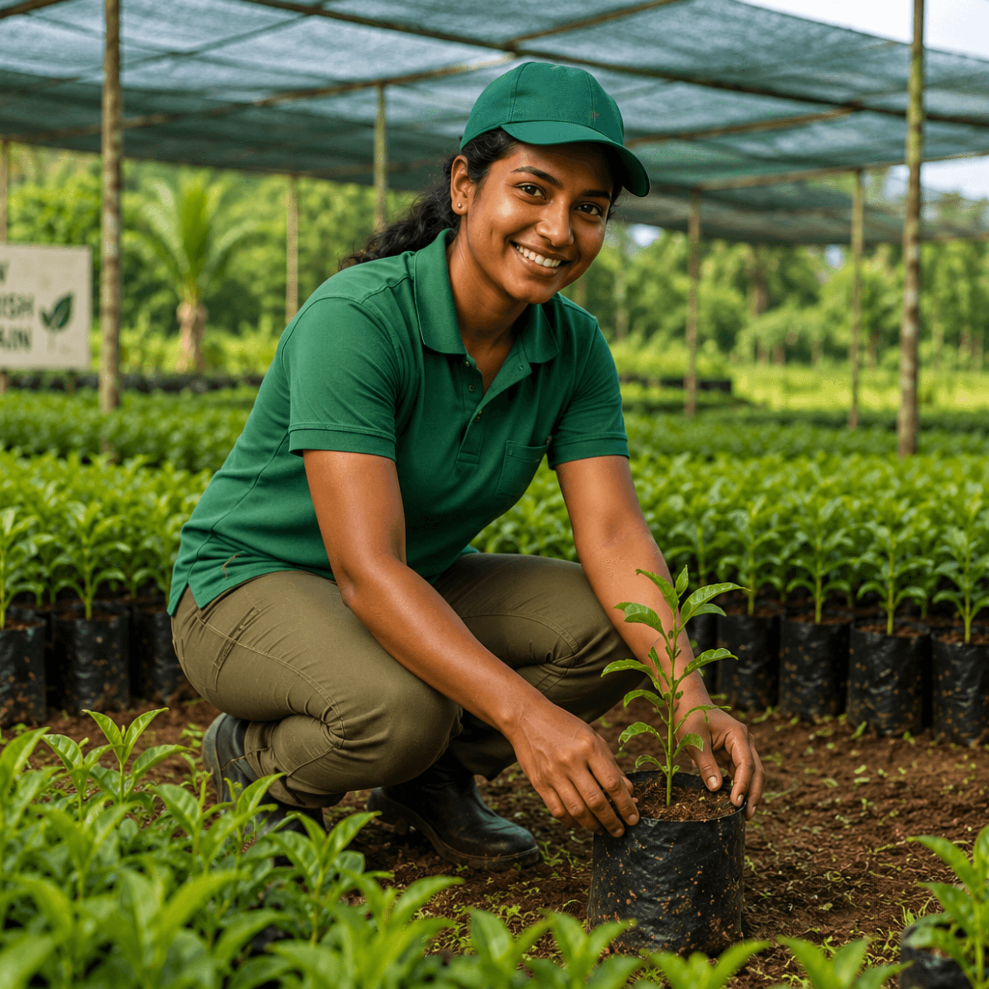 Agricultural specialist kneeling and tending to plant seedlings in a cultivation nursery