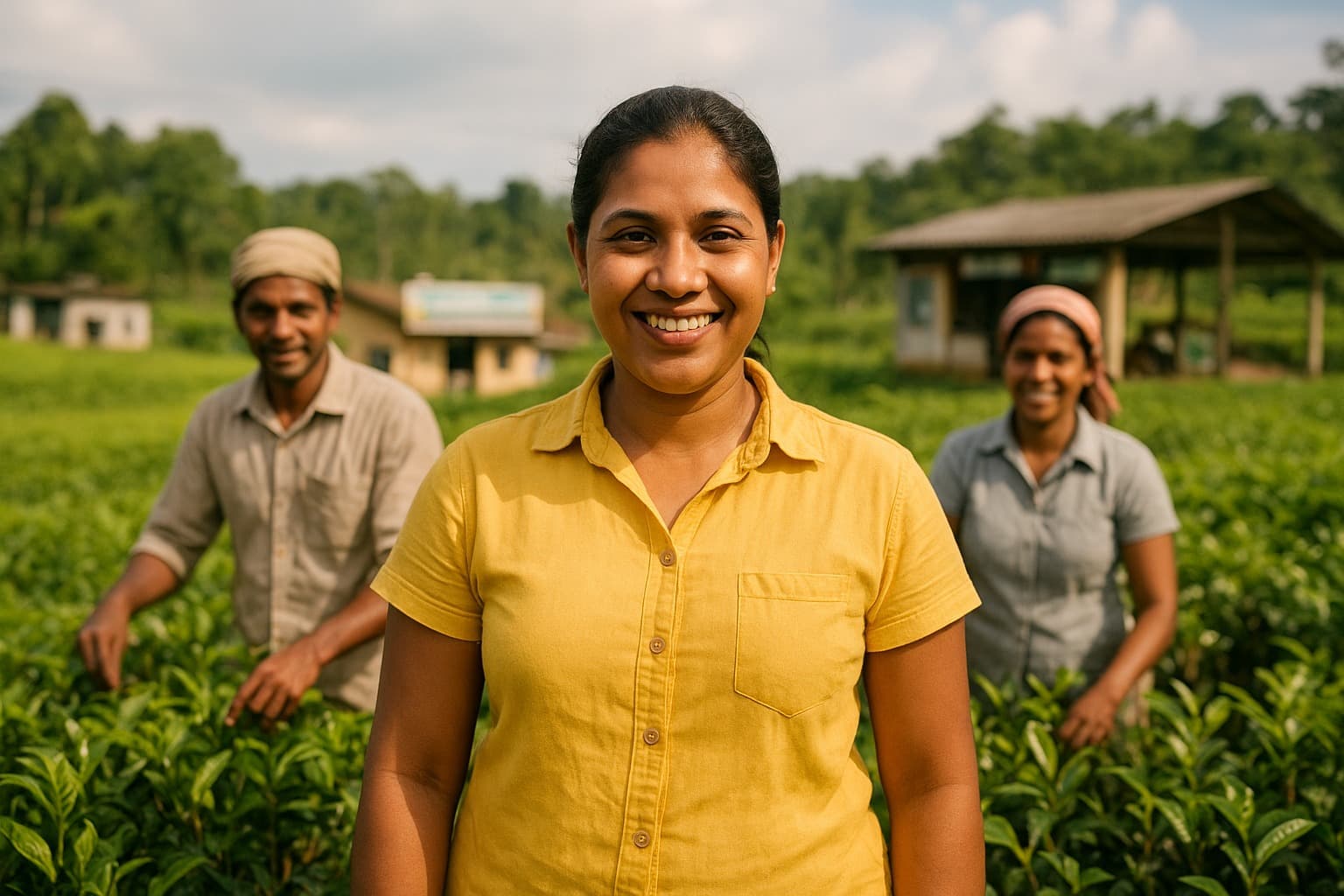 Tea plantation estate workers harvesting fresh tea leaves in lush fields with a smiling woman in foreground